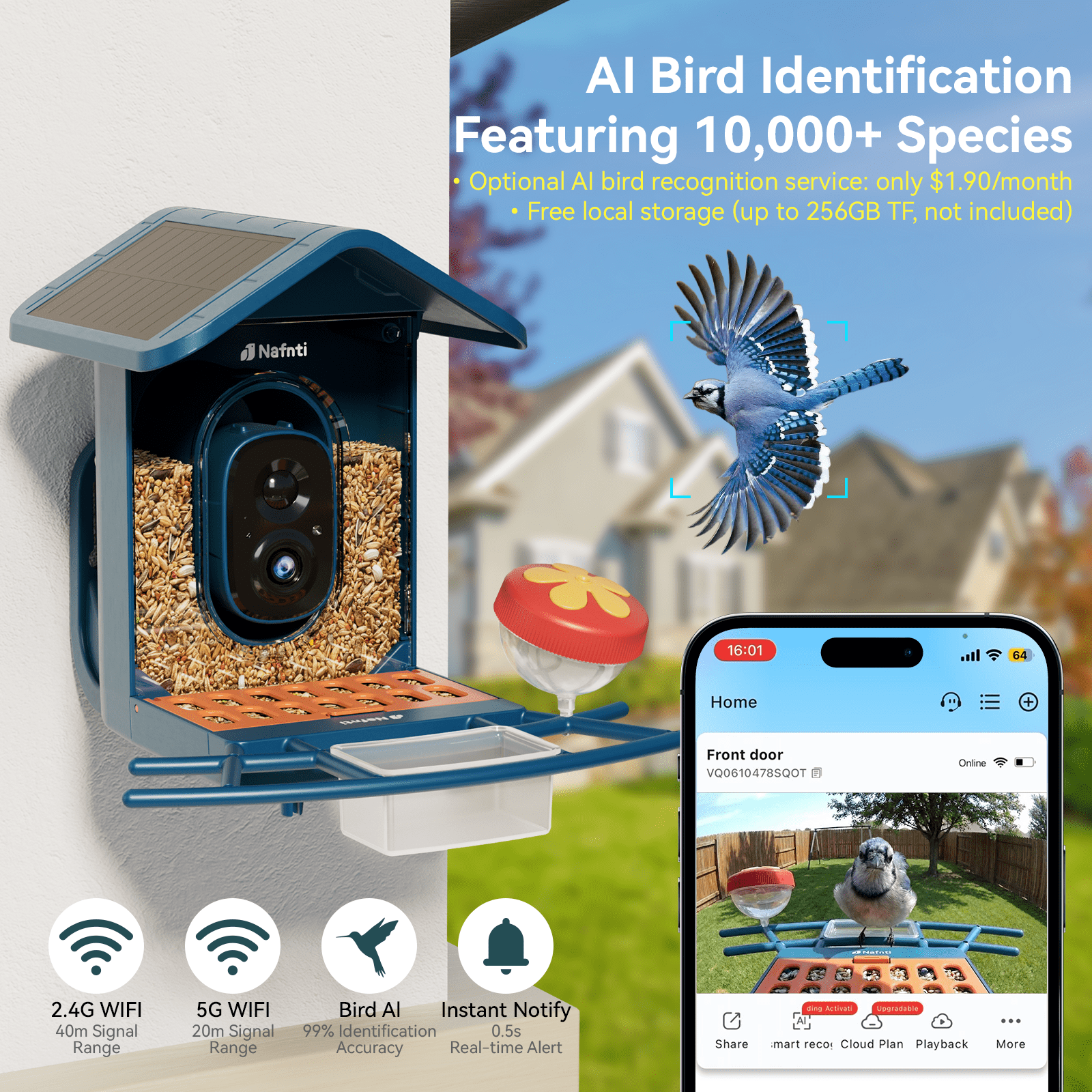 Nafnti Smart Bird Feeder with Camera, 2K HD Bird Camera Solar Powered, 5GHz/2.4GHz, 10000+ AI Bird Identification & Instant Alerts, IP65 Waterproof, Gift for Bird Lovers, Blue