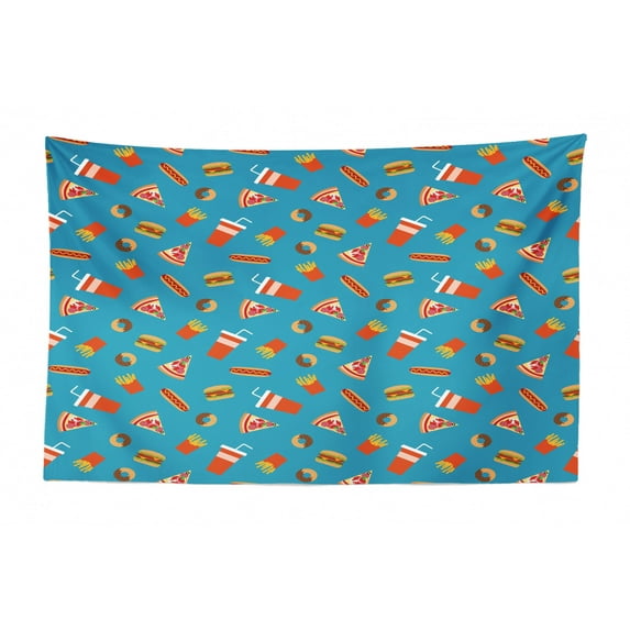 Food Tapestry, Fun Fast Food Cartoon Hot Dog Hamburger Pizza Slice Ice Cream Cone Soda Cup, Fabric Wall Hanging Decor for Bedroom Living Room Dorm, 2 Sizes, Multicolor, by Ambesonne