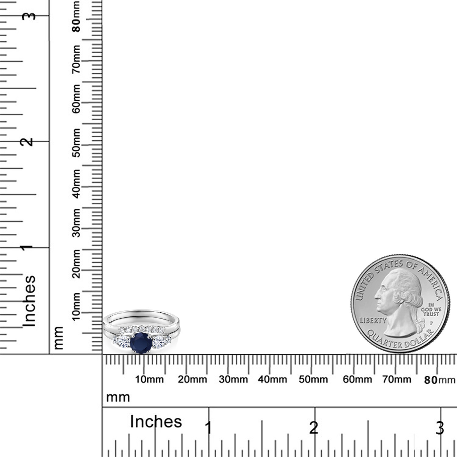 Gem Stone King 10K White Gold Blue Sapphire White Moissanite and White Lab Grown Diamond 5 Stone Bridal Engagement Wedding Ring Set for Women (0.91 Cttw, Round: 5MM and 3MM, Size 7)