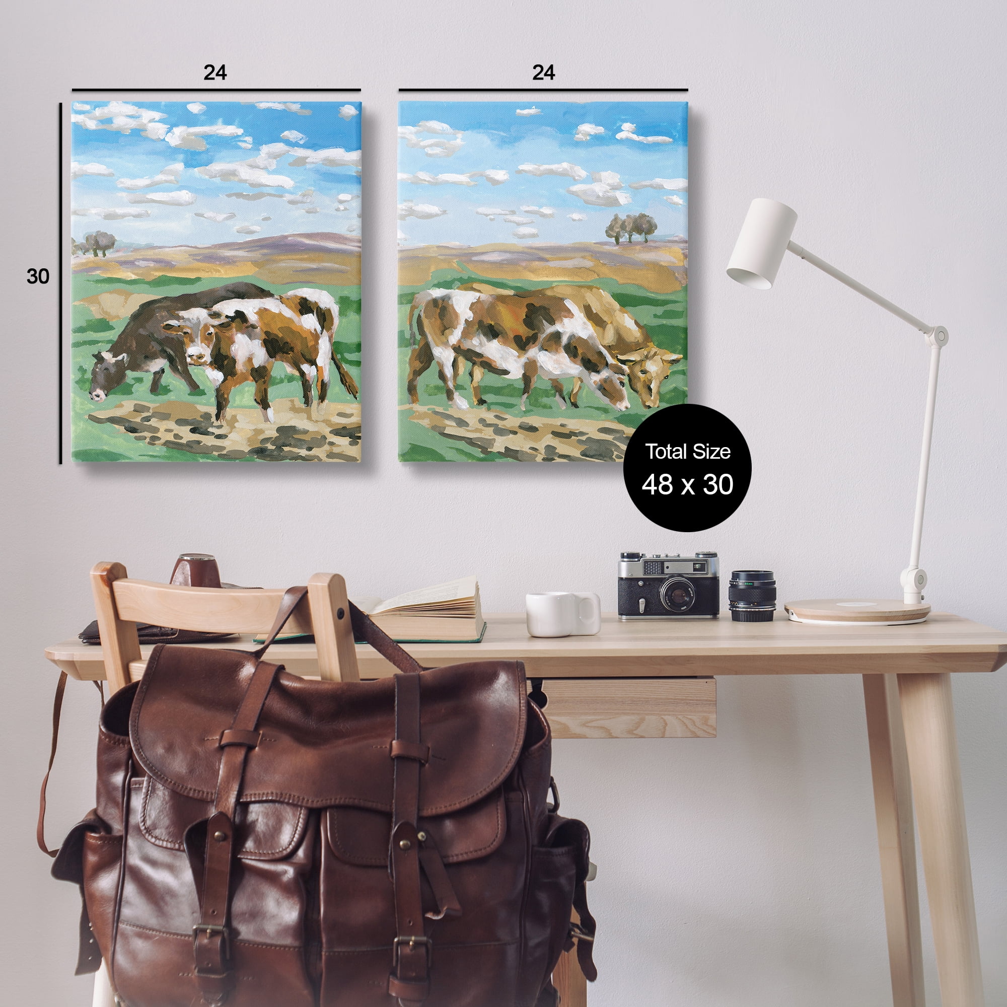 Stupell Industries Cows Grazing in Field Animals Painting Wrapped Canvas Art Print Wall Art, 24 x 30, Set of 2