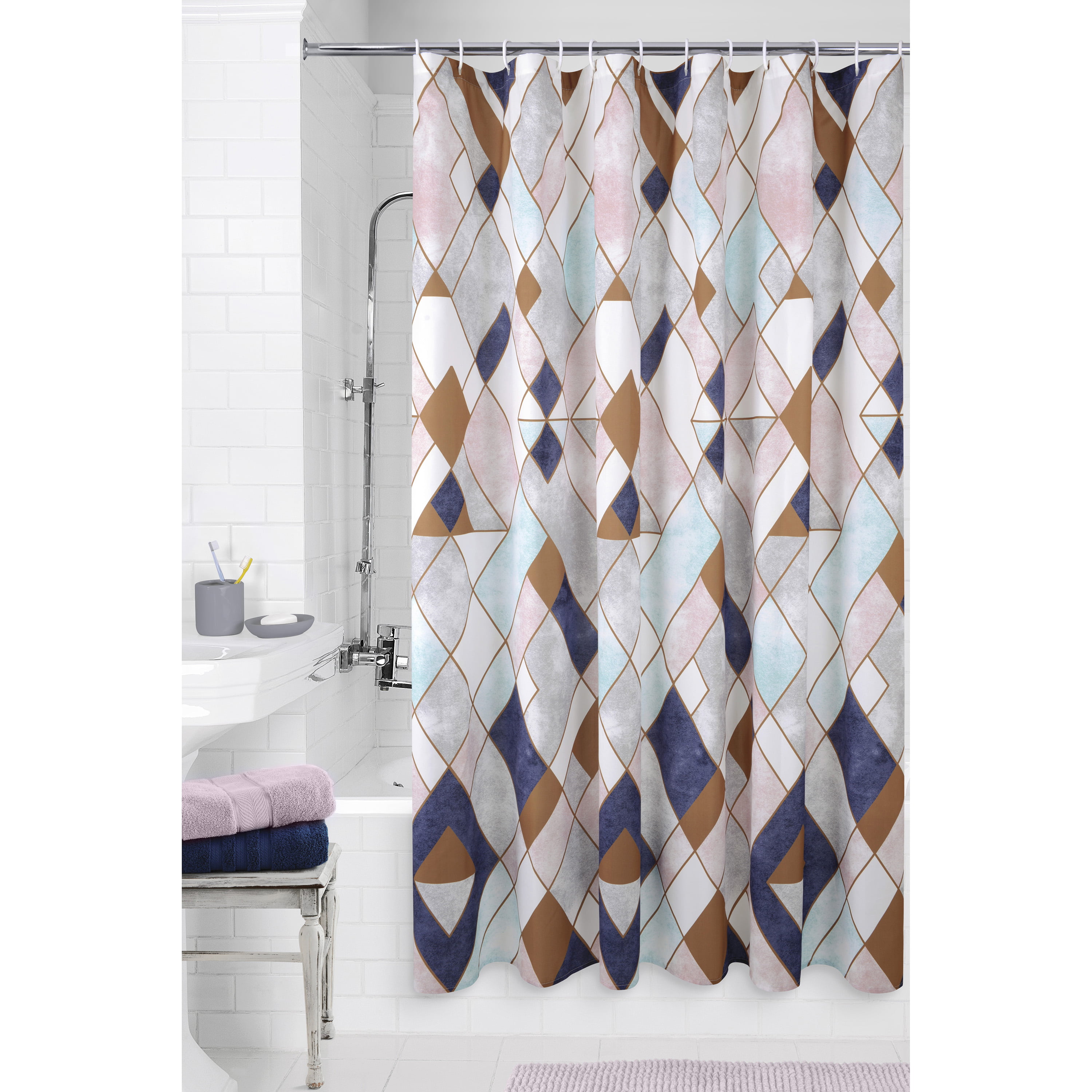 Geometric Cube Polyhedron Black White Bathroom Fabric Shower Curtain & Hooks 71" 