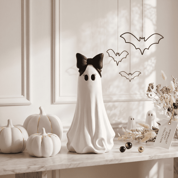 Ghost with Bow Tabletop Decoration - Halloween Cute Black White Ghost Resin Statue Modern Coquette Spooky Home Mantle Shelf Decor