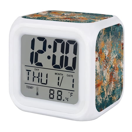 Brown Green Copper Rust Digital Alarm Clock for Bedrooms,Smart LED Alarm Clock with 7 Color Changing Night Light,Vintage Industrial Mottled Abstract Silent Wake Up Clocks for Sleep Study 3.2x3.2