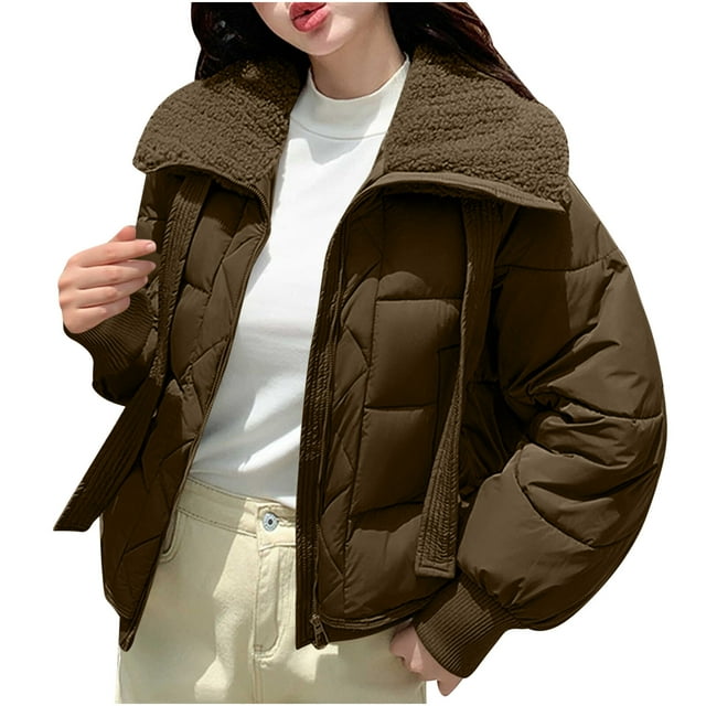 hoksml Women's Short Puffer Jacket with Lapel Collar, Solid Color Zip Front Coat Modern Winter Jacket with Pockets