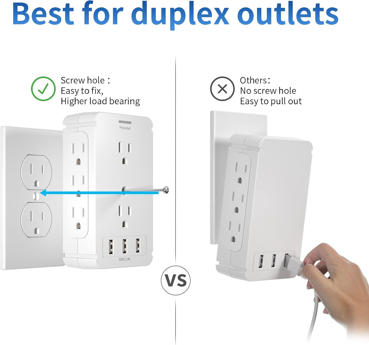 Power Charger Shelf- 11 Port Surge Protector Wall Outlet, 8 Electrical Outlet Extenders and 3 USB Ports 3.4A, with Removable Built-in Shelf and LED Indicator, FCC Listed, White