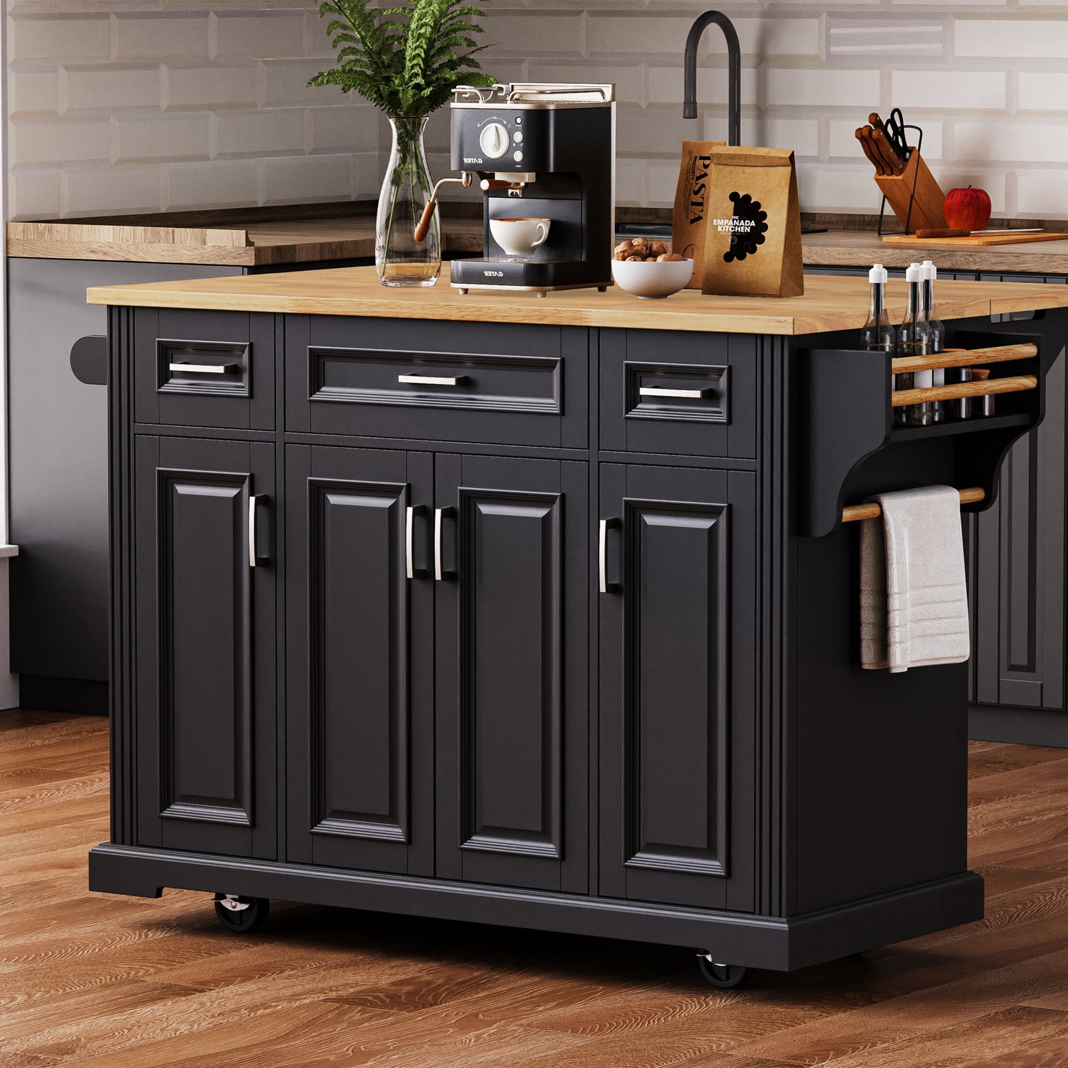 DEALTOPS Kitchen Island on Wheels with Drop Leaf and 3 Drawers, Rolling Kitchen Storage Cart with Adjustable Shelves, Black