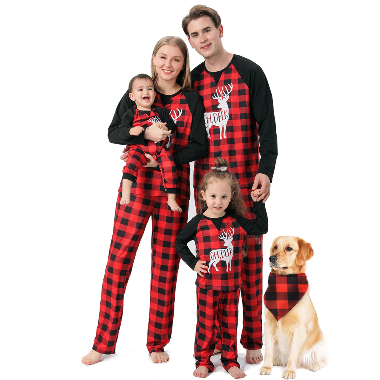 GXLONG Matching Family Pajamas Sets Christmas PJs Letter Printed Reindeer Long Sleeve Red Plaid Pants Xmas Loungewear