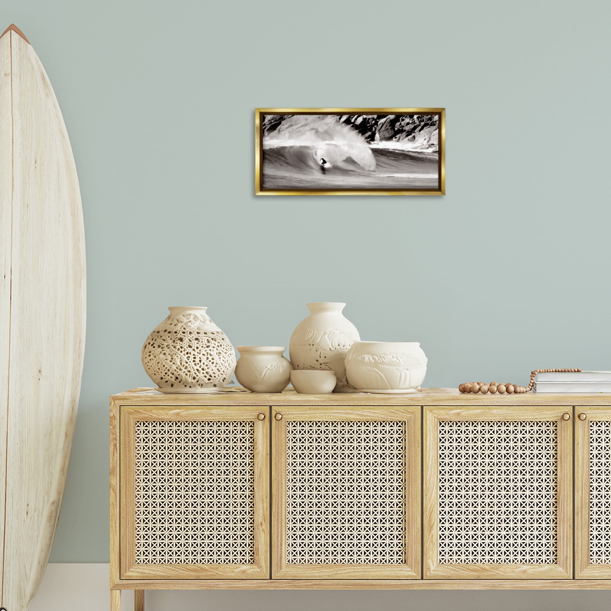Stupell Industries Surfing Reef Break Coastal Photography Gold Floater Framed Canvas Art Print Wall Art, 25 x 11