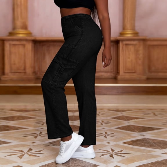 ClodeEU Women's Faux Denim High Stretch Flare Pants with Faux Pockets,Loose Fit Casual Leggings Black,Womens Plus M