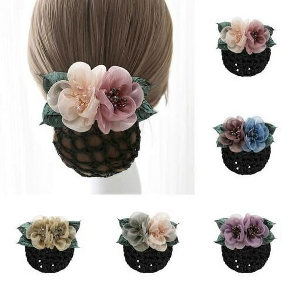D-GROEE Women Hair Clip,Small Ribbon Barrette With Flowers Beads,Bun Cover Hair Tie, Barrettes Net Snood Hairnet Decor Hairstyle