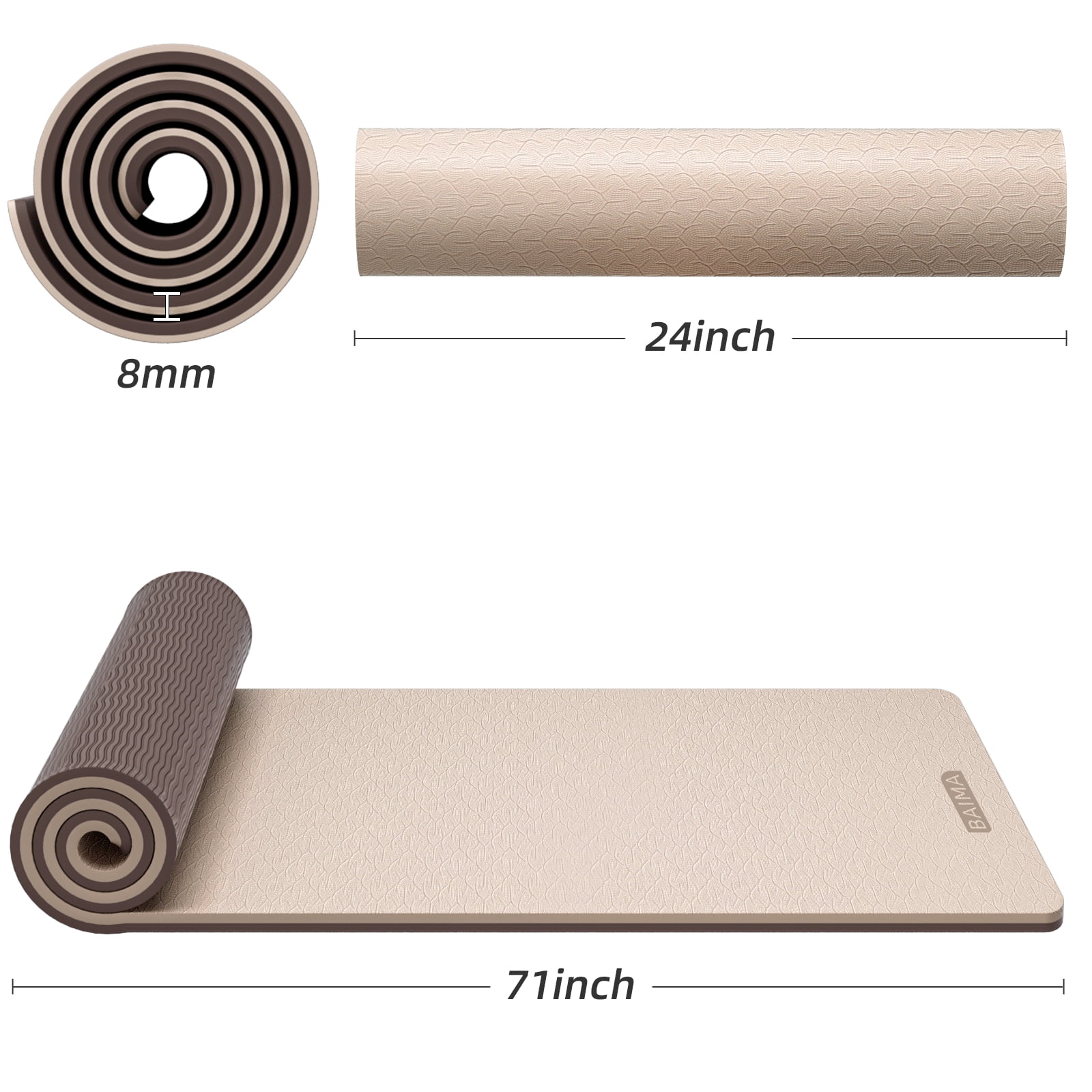 BAIMA Workout Mat Thick 8mm,Roll-up Pilates Mats Wide,Non Slip Matt,Eco Friendly TPE for Home,Gym,office,Floor Exercise,71"x 24"(Brown+Apricot)
