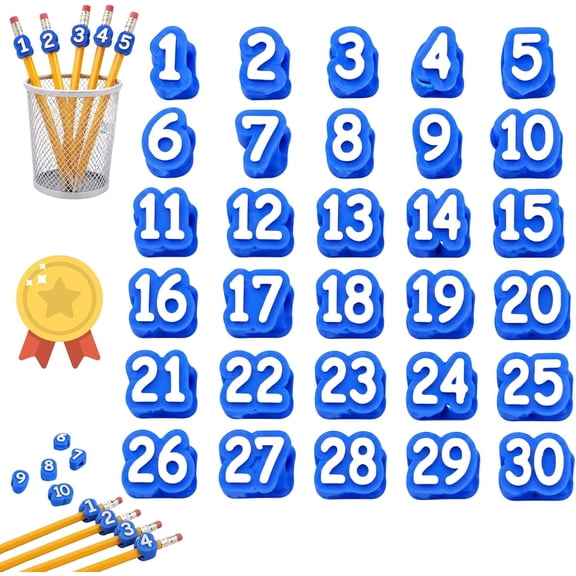 Numbered Pencil Toppers, 30pc Number Pencil Toppers, 3D Printed Reusable Classroom Pencil Labels for Teachers, Pencils Tracking Markers for Supply Stations and School Organization(Blue)