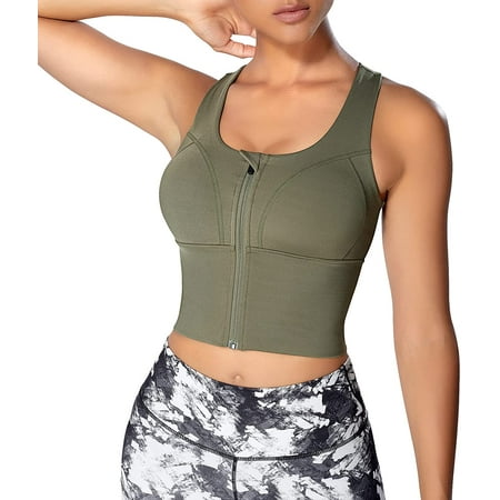 

Nebility Women Zip Front Sports Bras Longline Fitness Crop Tops Tank Gym Yoga Workout Shirts(Green Large)