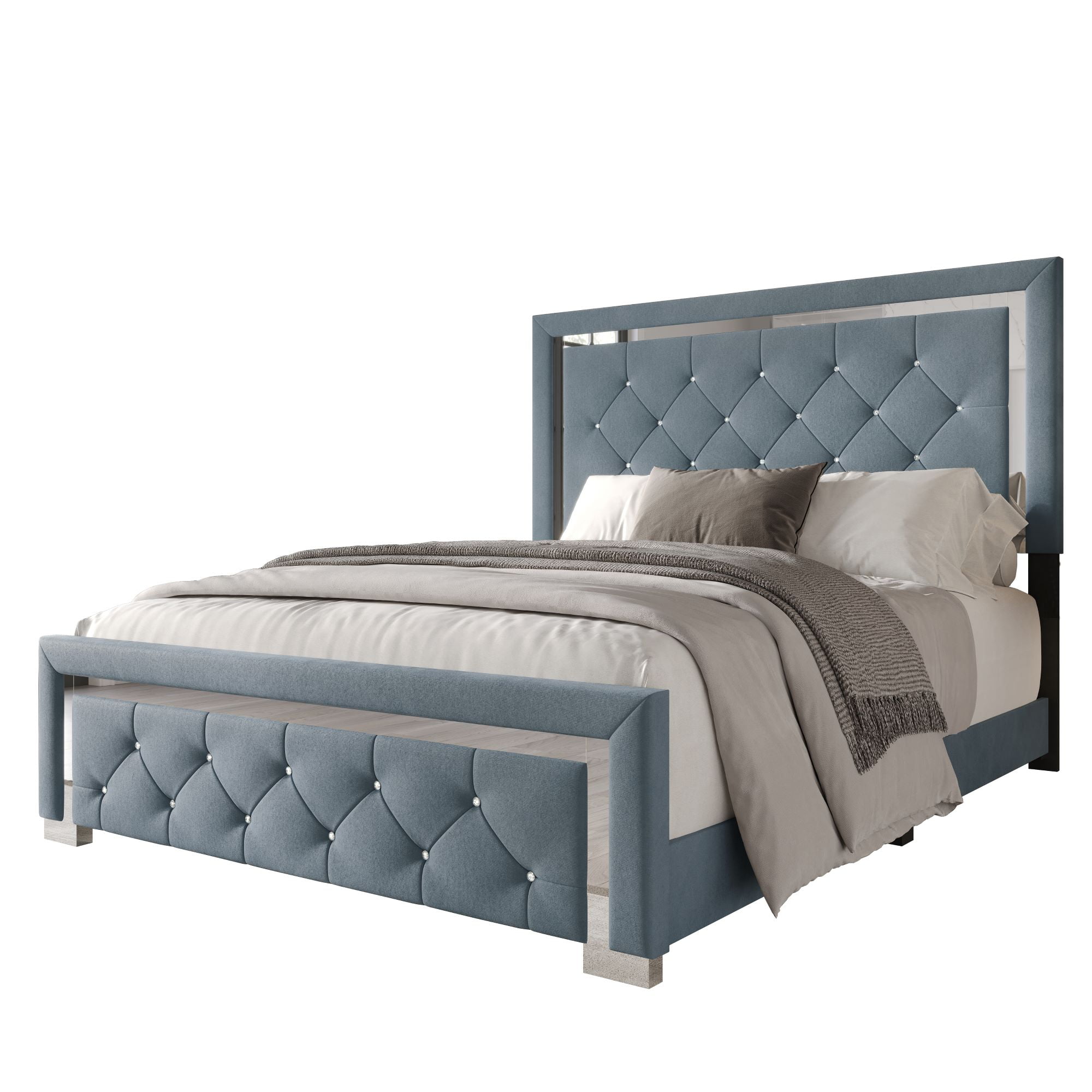 Home Design Toccoa Full Upholstered Panel Bed Frame with Diamond Button-Tufted Headboard and Silver Metal Accents, Blue, Easy Assembly