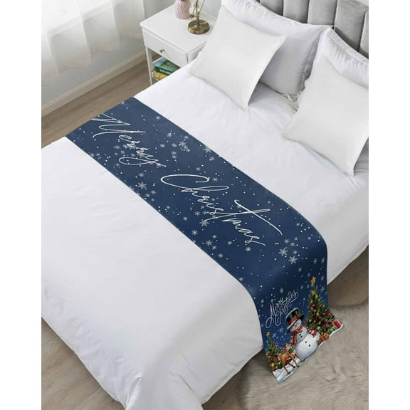 Xipuska Navy Blue Christmas Bed Runners for Cal King Size Bed, Decorative Bed Throws for Foot of Bed, Xmas Snowman Tree Elk Snowflake Bed Runner Sofa Throw Bedding Scarf Slipcover for Bedroom