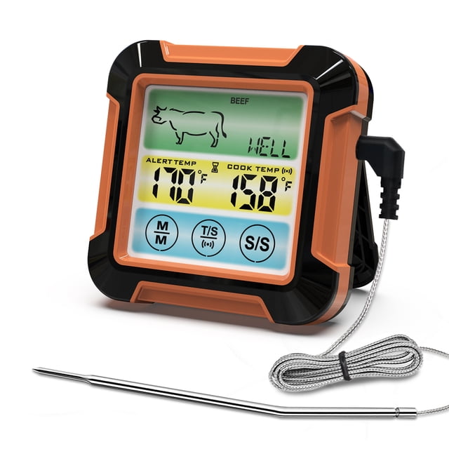 Graflsoa Waterproof BBQ Thermometer with LCD Touchscreen, Dual Timer Modes, Custom Temp Alert, Backlit Display, Magnetic Base, and Long Probe for Meat Cooking (Orange/Black, IPX7)