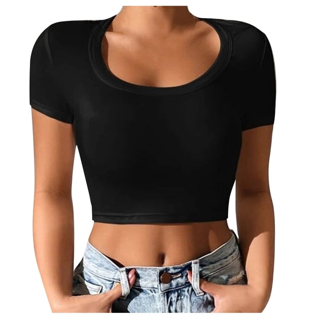 Timegard Tops for Women Round Neck Short Sleeve Cropped Tops Solid Color Comfy Basic Tee Shirts Going Out