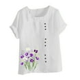 thumbnail image 4 of Womens Linen Shirts Cute Summer Tops Casual Linen Round-Neck Top Printed Short Sleeve Button T-shirt Blouse S, 4 of 4