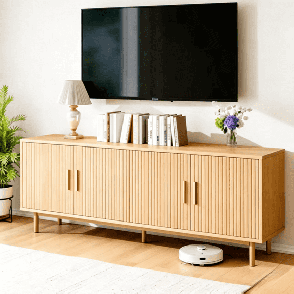 Modern 70 Inch Natural Oak TV Stand with Storage and Adjustable Shelves, for TVs Up to 80 Inch