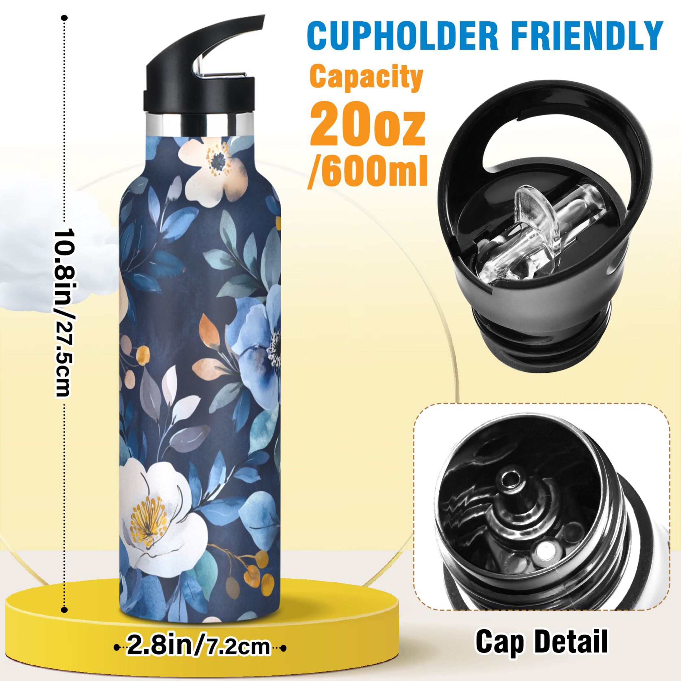 600ML Stainless Steel Insulated Cup Sports Water Bottle Portable Thermos Cup Water Glasses Insulated Tumblers Convenient and Durable Vibrant Navy Flowers