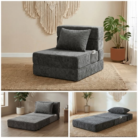 Oak and Birch 3-in-1 Folding Floor Sofa Bed, Convertible Floor Sofa to Chaise & Sleeper with Lumbar Pillow for Apartment, Dorm & Small Spaces, Chenille, Dark Gray