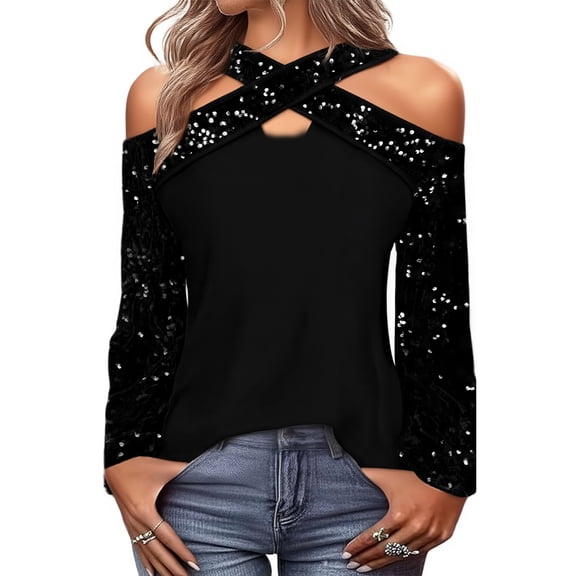 Laqbezok Sexy Night Out Criss Cross Halter Sequin Top, Women's Cold Shoulder Long Sleeve Blouse, Elegant Sparkly Party Fashion Outfit