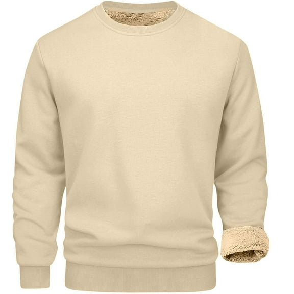 Fshiont Mens Crewneck Thermal Shirts Sherpa Lined Sweatshirts Winter Warm Soft Fleece Long Sleeve Thick Pullover Tops Beige L
