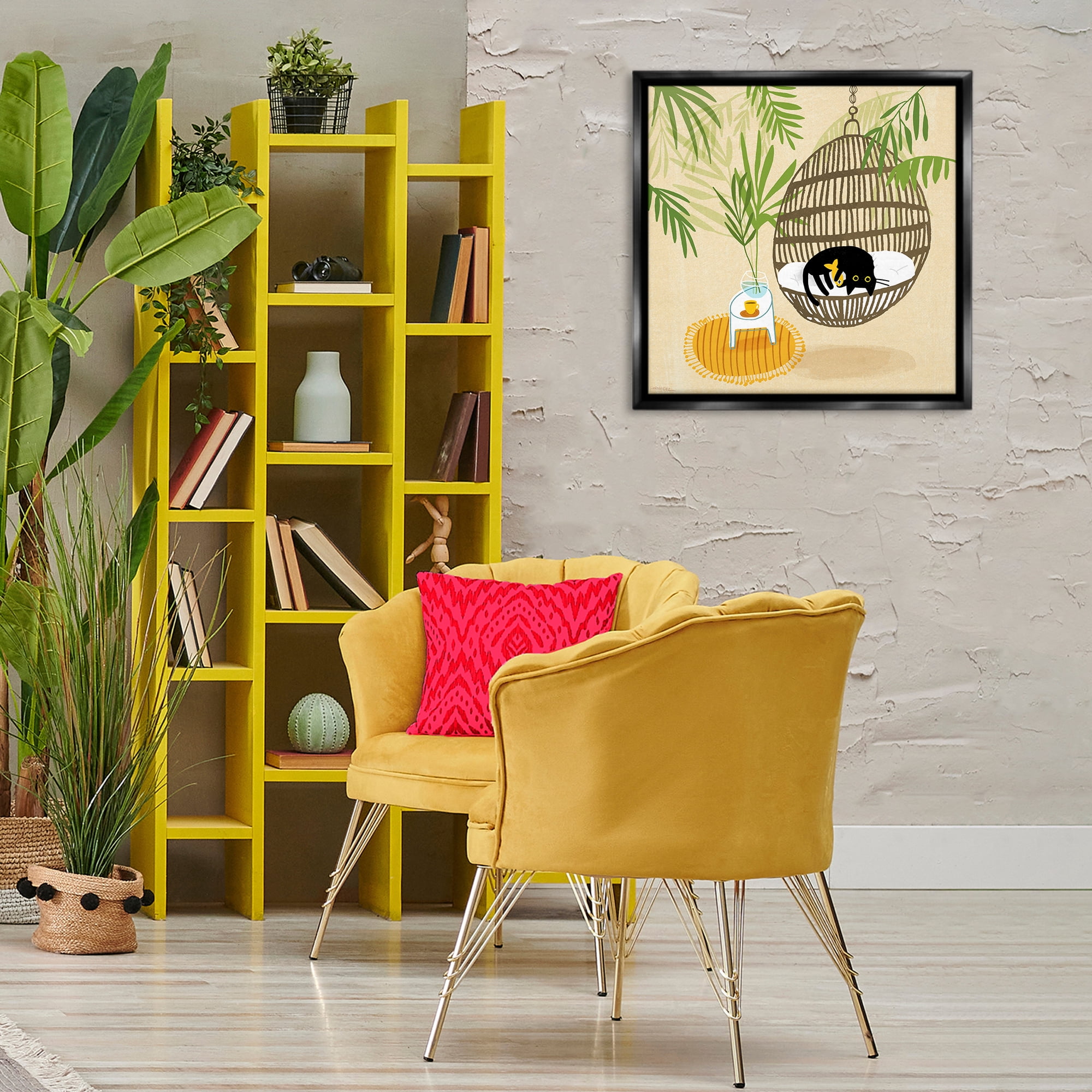 Stupell Industries Sleepy Cats on Porch Swing Animals Painting Black Floater Framed Canvas Art Print Wall Art, 25 x 25