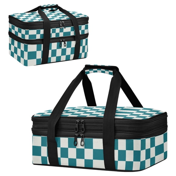 Large Double Decker Insulated Casserole Carrier Expandable 2-Layer Thermal Food Tote Bag Dark Green Plaid Hot Cold Pizza Lasagna Holder for Potluck Picnic Party Camping