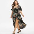 thumbnail image 1 of Robes Maxi pour Femmes Grande Taille Mode Décontractée à Imprimé Floral Col en V Manches Courtes Robes d'Été Taille Empire Robe Évasée Robe Mini, 1 of 5
