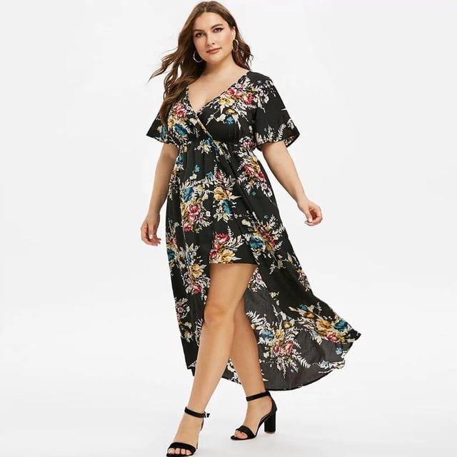 Robes Maxi pour Femmes Grande Taille Mode Décontractée à Imprimé Floral Col en V Manches Courtes Robes d'Été Taille Empire Robe Évasée Robe Mini