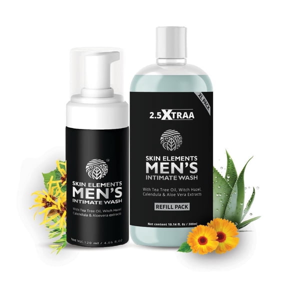 Skin Elements Men's Intimate Wash JUMBO Pack | with Refill | For 180 Days | 420 ml | pH Balanced Hygiene Foaming Wash | Prevents Bad Odor and Irritation| with Tea Tree Oil | Super Saver Pack