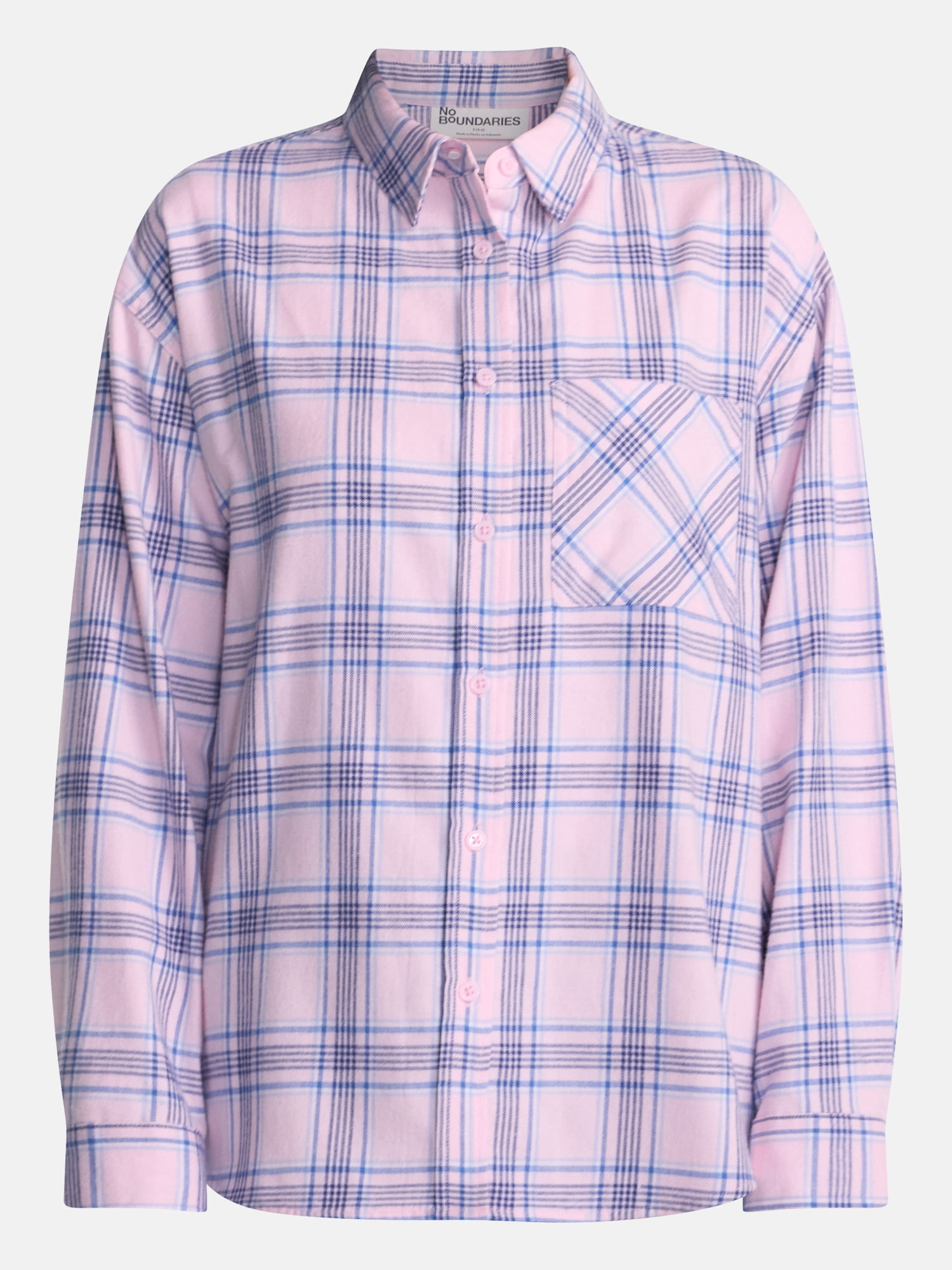No Boundaries Plaid Flannel Shirt with Long Sleeves, Women's XXS-XXL