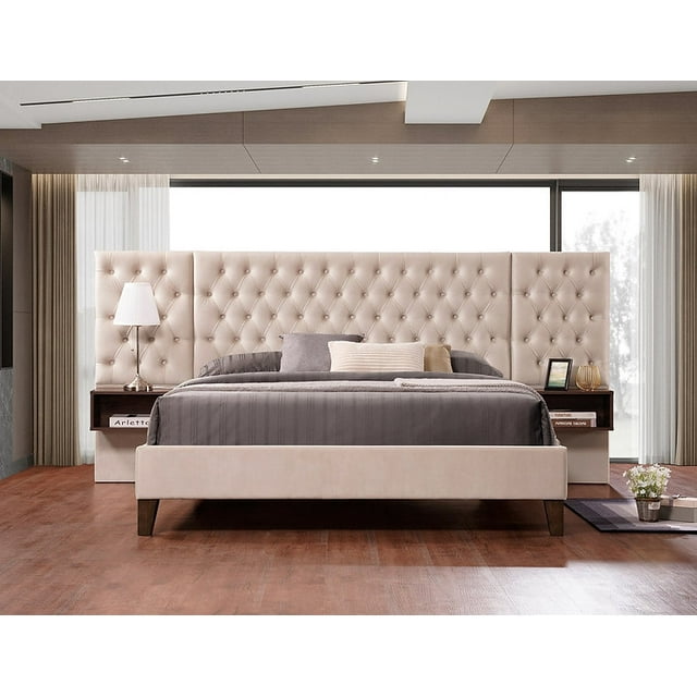 Ensemble de Lit Ailes de Diamant en Velours Beige - Grand Lit