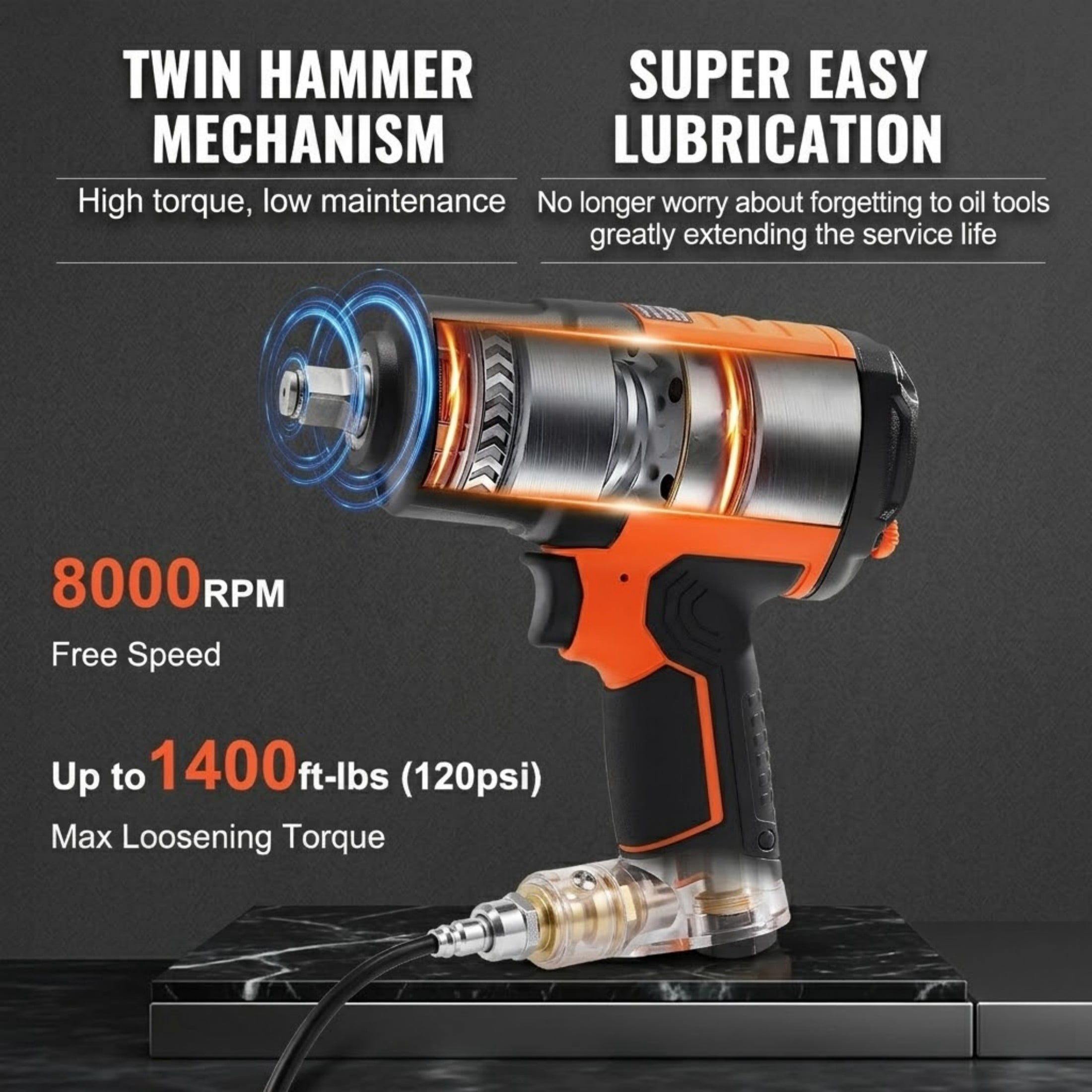 1/2-Inch High Torque Air Impact Wrench, 1400 ft-lbs Pneumatic Gun, Lightweight 4.6 lbs Design, with 11-PC CR-V Impact Socket Set & Carrying Case