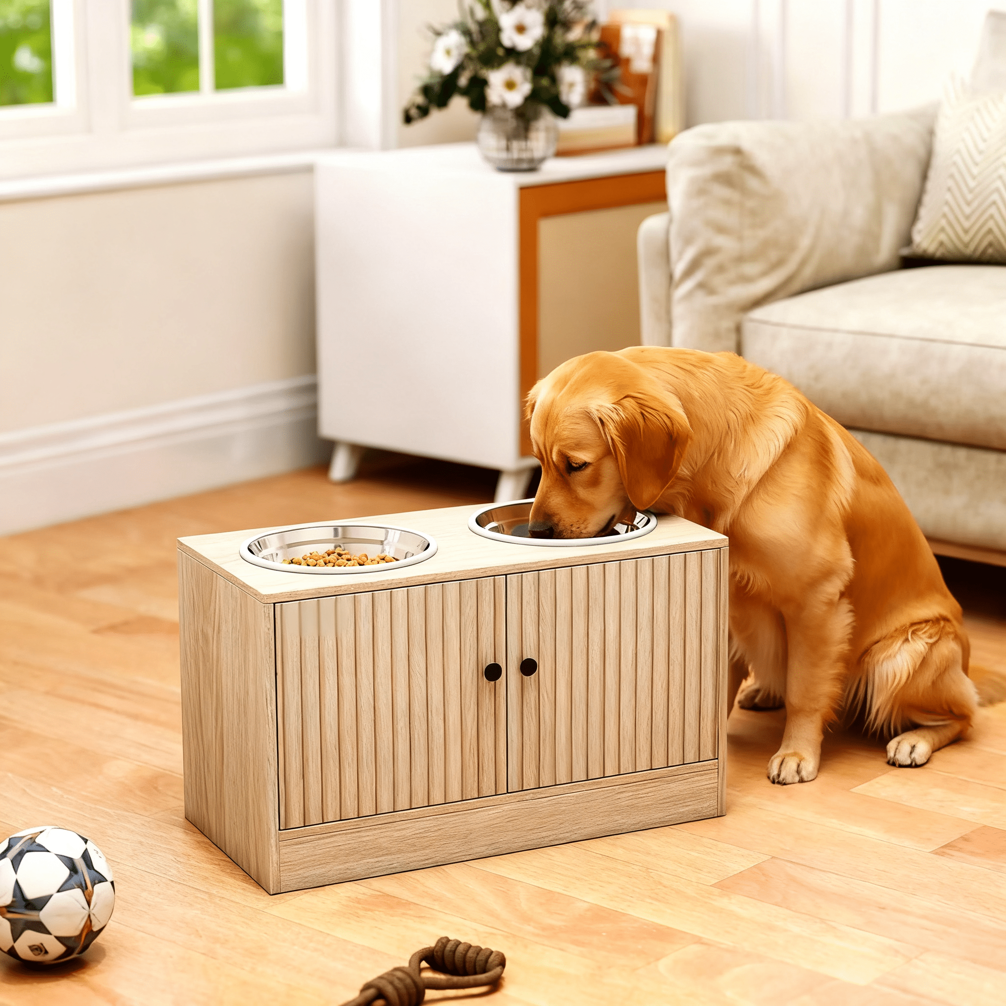 Oak Elevated Dog Feeder with 10.6 Gal Storage Cabinet, Raised Pet Bowl Stand with Slow Feeder Mat Anti-Slip Rings, for Large Dogs 21.7"-25.6" Shoulder Height
