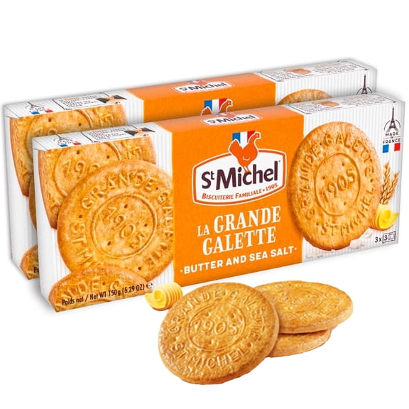 St Michel Grandes Galettes Butter Cookies Biscuits with Sea Salt 5.29oz Made In France, Pack of 2, Non-GMO Butter Cookies