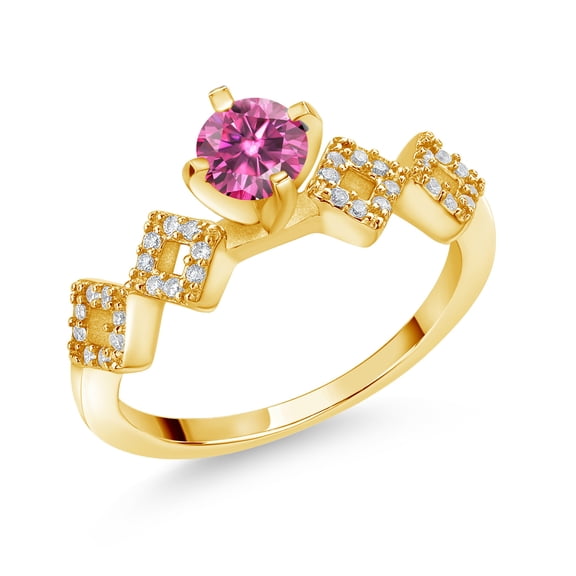 Gem Stone King 18K Yellow Gold Plated Silver Ring Round Pink Moissanite and (0.88 Cttw, Size 7)