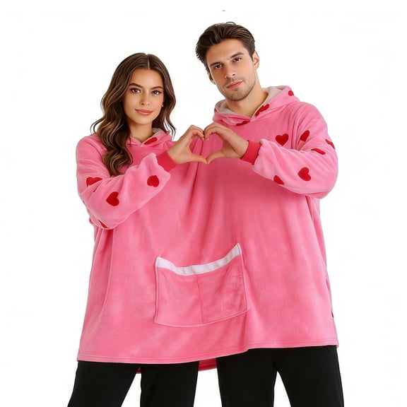 Couples Hoodies Pajamas Oversized Two Person Hoodie Pink Heart Couple Matching Onesies Flannel Blanket Clothes for Valentine's Day