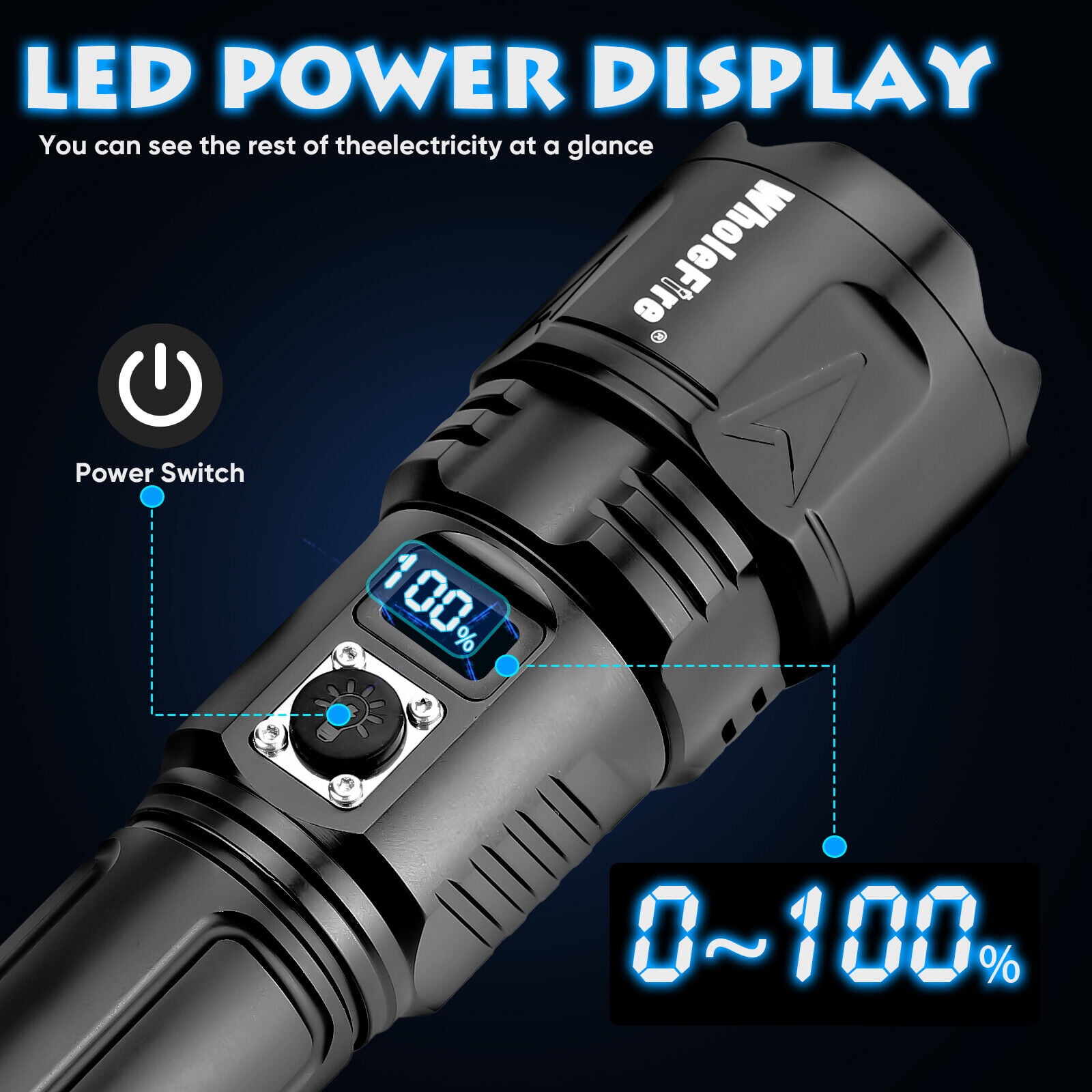 WholeFire 30W LED Rechargeable Flashlight Super Bright 5 Modes Digital Display Flashlights for Emergencies Camping