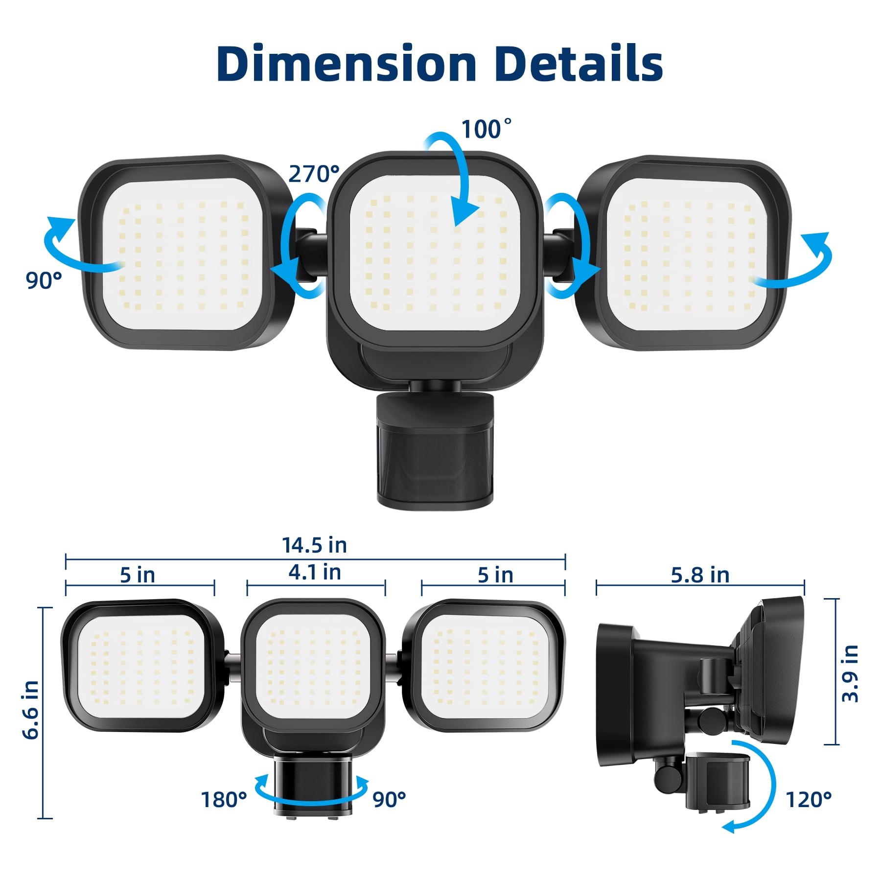 Dawnrise 270° 3 Heads Black Motion Sensing Integrated LED Flood Light, 6500 Lumens (2pack)