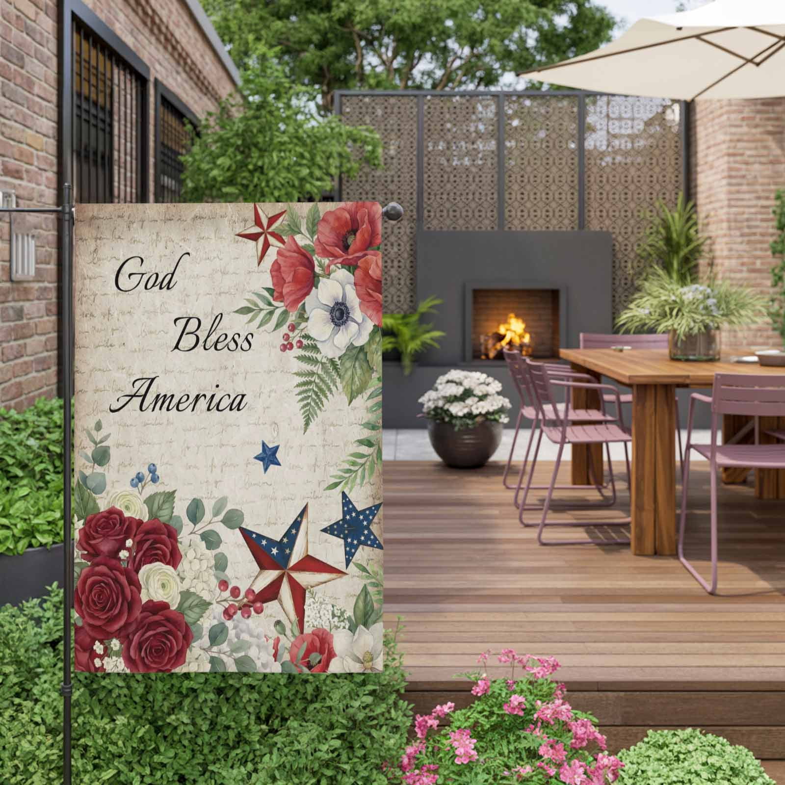 4th of July House Flag 28 x 40 Inches, God Bless America Stars Red Flowers Leaf Vintage Weather Proof Outdoor Patio Flags Double Sided Small House Decoration for Yard Lawn Outside Home