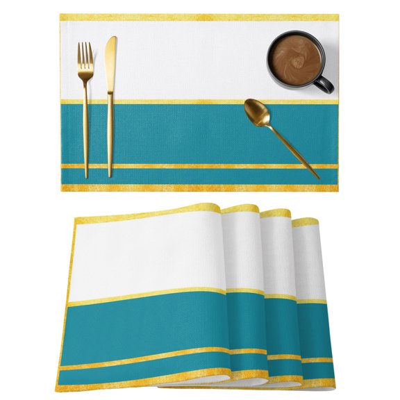 Modern Teal Gold Placemats Set of 4 Minimalist Geometric Yellow Striped Place Mats Indoor Wipeable Table Mats Washable Cloth Dining Table Placemats for Kitchen Holiday Party Home Decor 13x19 Inch