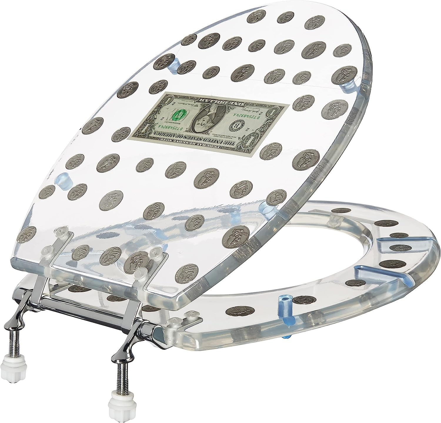 RESIN TOILET SEAT BIG MONEY DOLLAR, COINS, STANDARD ROUND CHROME HINGE