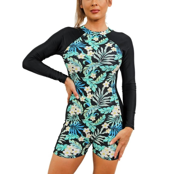 SWSMCLT Women's Long Sleeve Bathing Suit High Neck Beach Nylon Swimsuit Rash Guard Short Zip Boyshort Surf Green 6