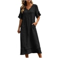 thumbnail image 5 of Admvng Womens Casual Dress Short Sleeve Pockets V Neck Flowy Summer Linen Dress, 5 of 9