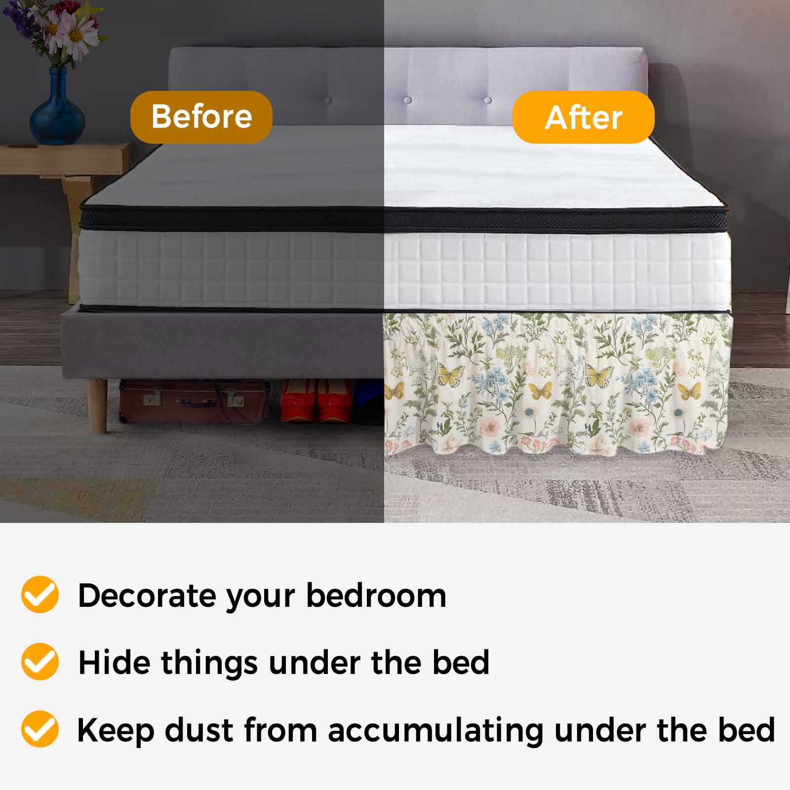 Wildflowers Bed Skirt Queen Size, Spring Flowers Plants Farmhouse Pastoral Wrap Around Bed Skirting with Adjustable Elastic Strap, Dust Ruffle Pleated Bedskirts 16 Inch Drop for Bedroom Queen Beds