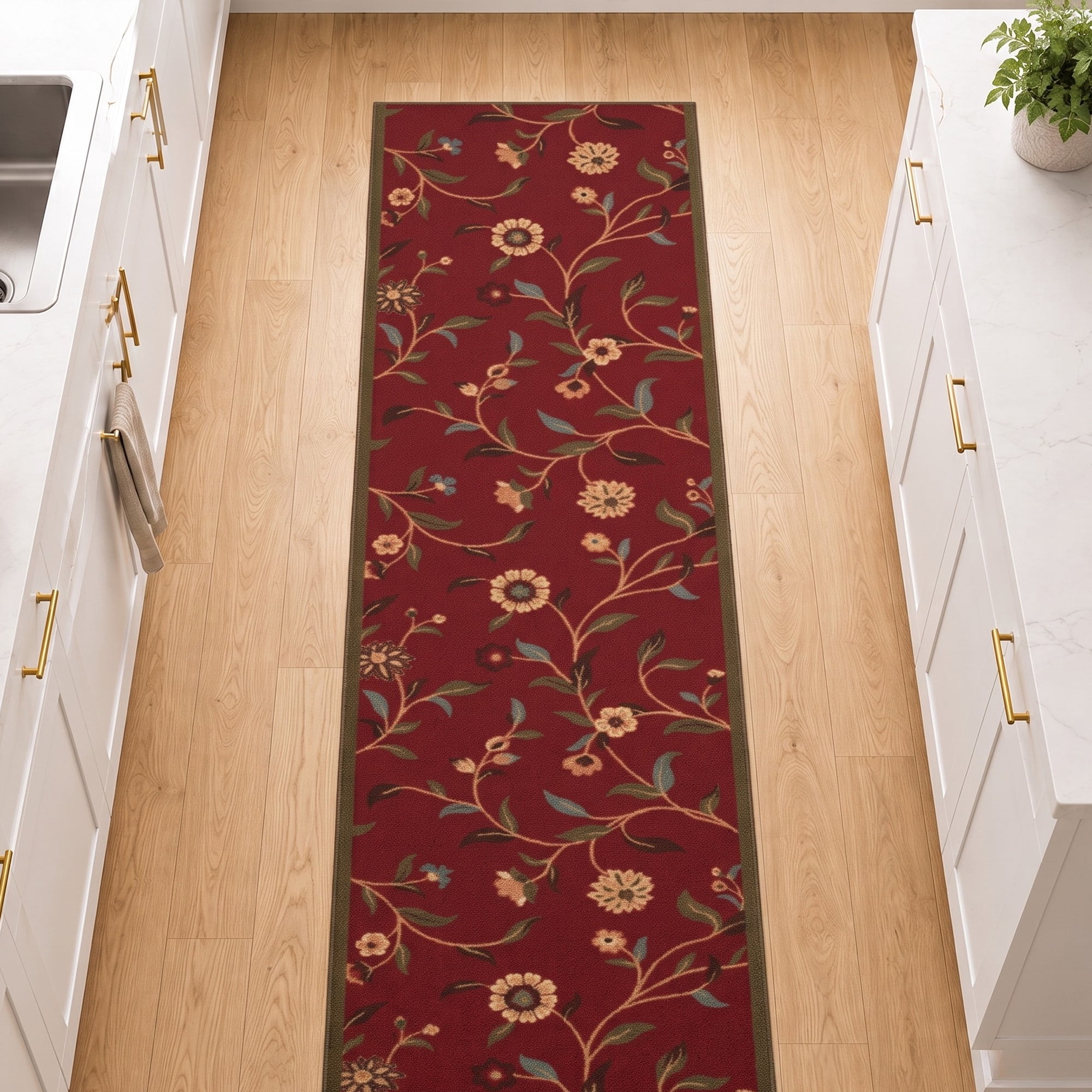 Ottomanson Extra Long Runner Rug 2'7" x 47' – Non-Slip Low Pile Hallway Carpet, Floral Red