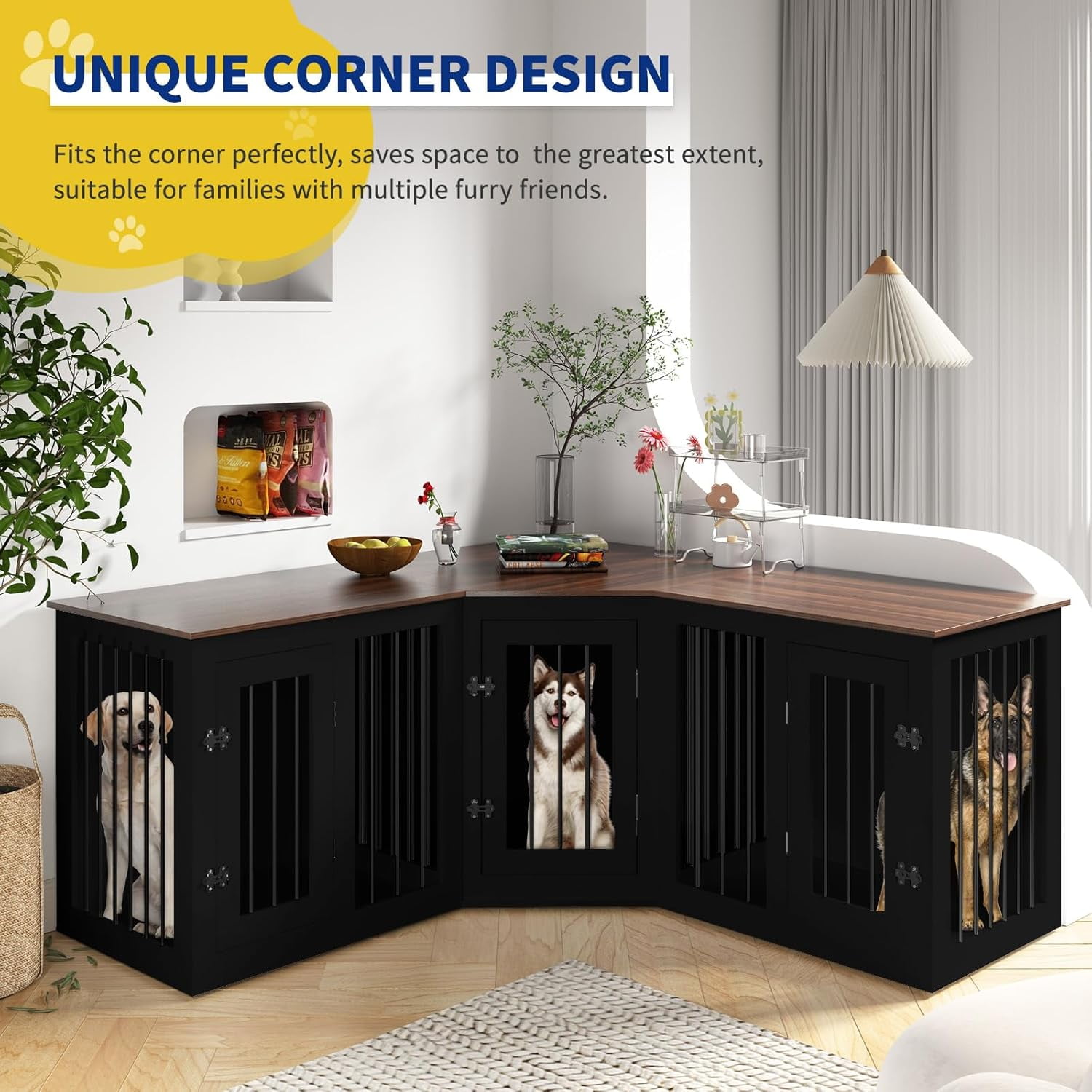 Large Dog Crate Furniture for 3 Dogs, Cuoote 113" Corner Dog Kennel, 3-in-1 Heavy Duty Indoor Wooden Crate for Small, Medium & Large Dogs