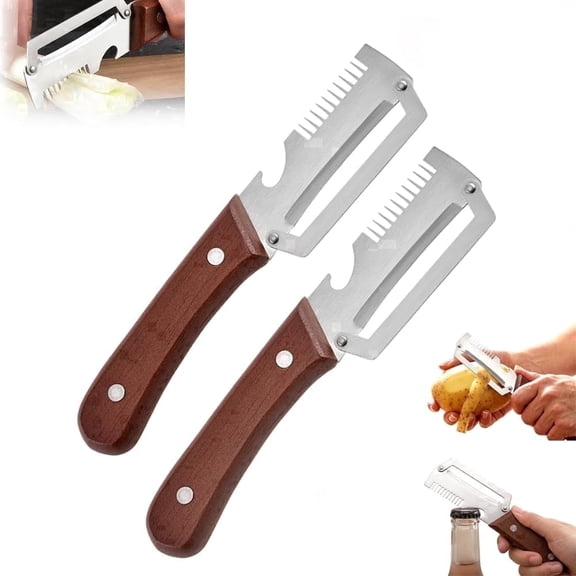 Vegetable Peeler 2-Pack Stainless Steel - Swivel Blade with Bottle Opener, Ergonomic Wood Handle Kitchen Tool for Potato and Fruit